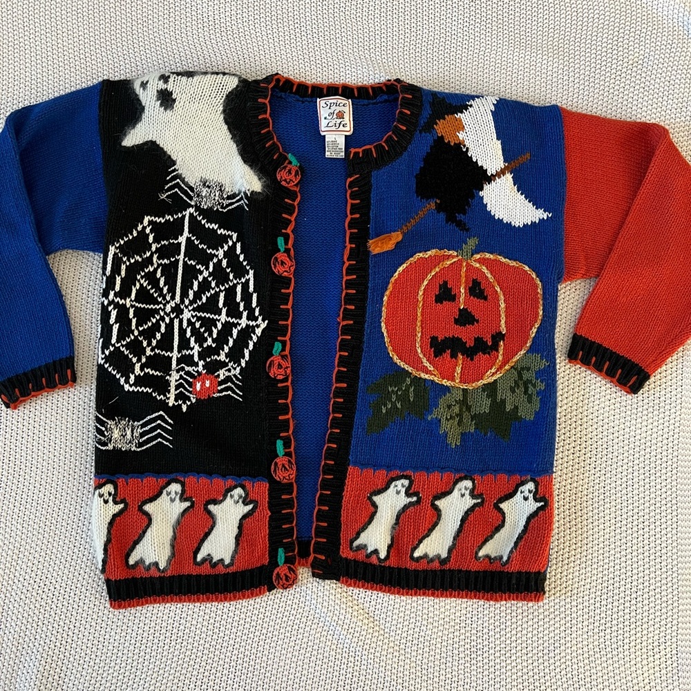Vintage Halloween Cardigan Sweater Ghosts Pumpkin Spider Web Cat Witch Womens L